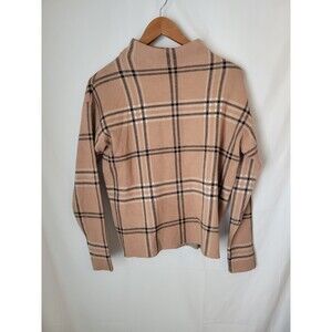 TAHARI Women's S Small Plaid Mock Neck Knit Sweater Pullover Tan Black White